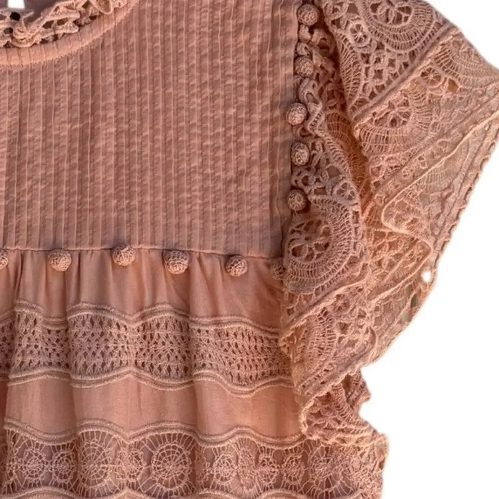 Ulla Johnson Nora Dress Size 6 Crochet Pom Poms Flutter Sleeve Light PInk /Peach
